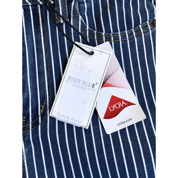 NWT Judy Blue Super Flare Ultra High Rise Jeans 1/25 Striped Blue Raw Hem Bell - Picture 11 of 12